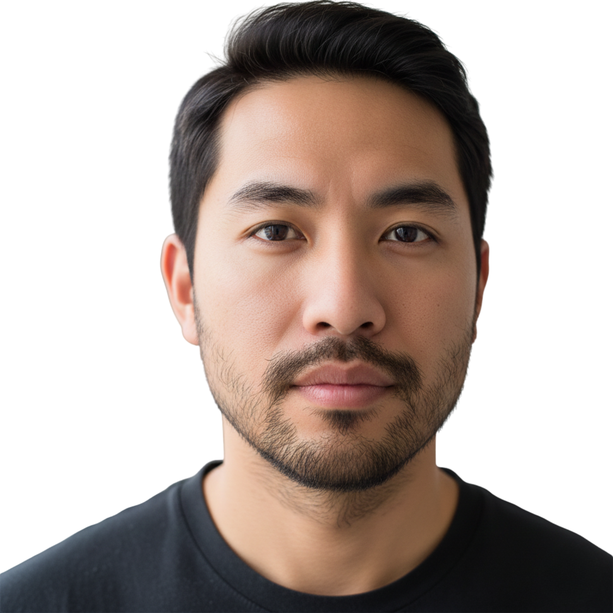 Man with a beard wearing a black shirt on a white background