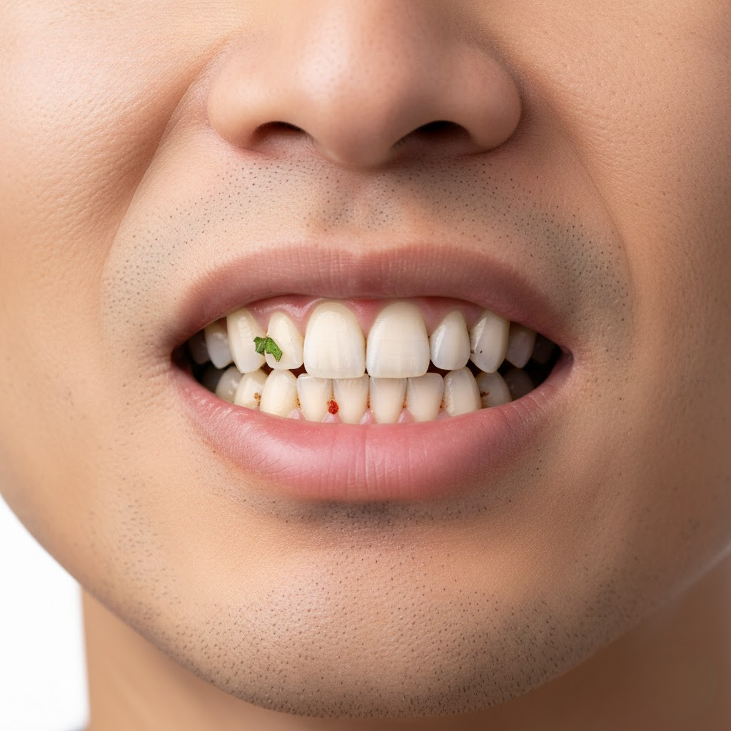 Close-up of a person's mouth with teeth showing signs of wear and food particles.
