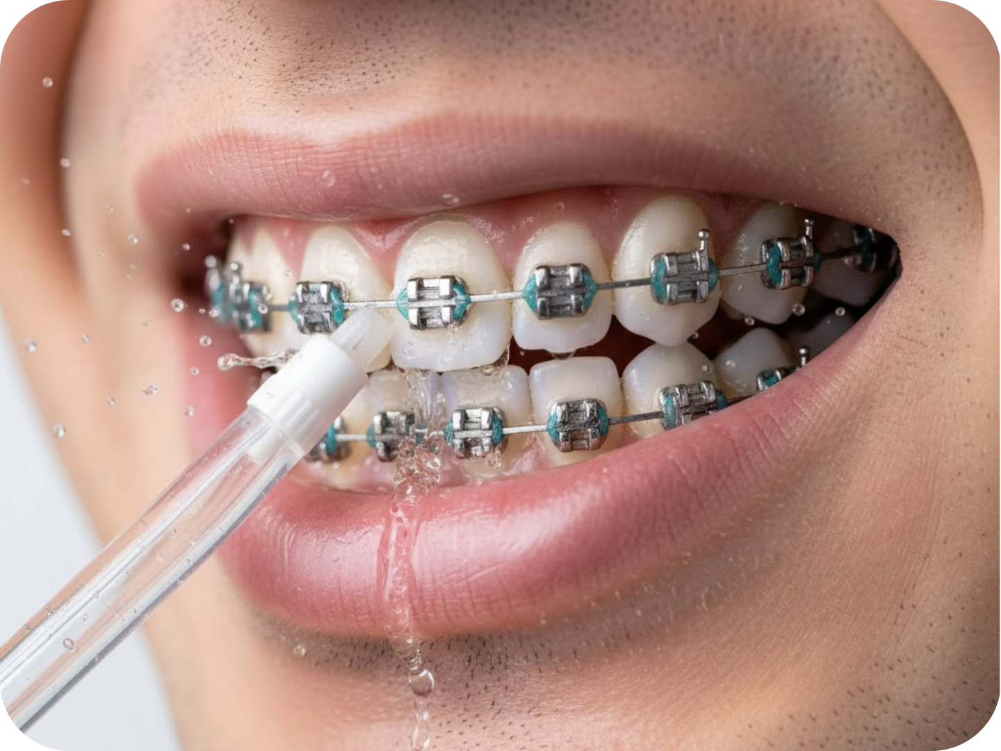 Close-up of a person cleaning their teeth with orthodontic braces using a toothbrush.