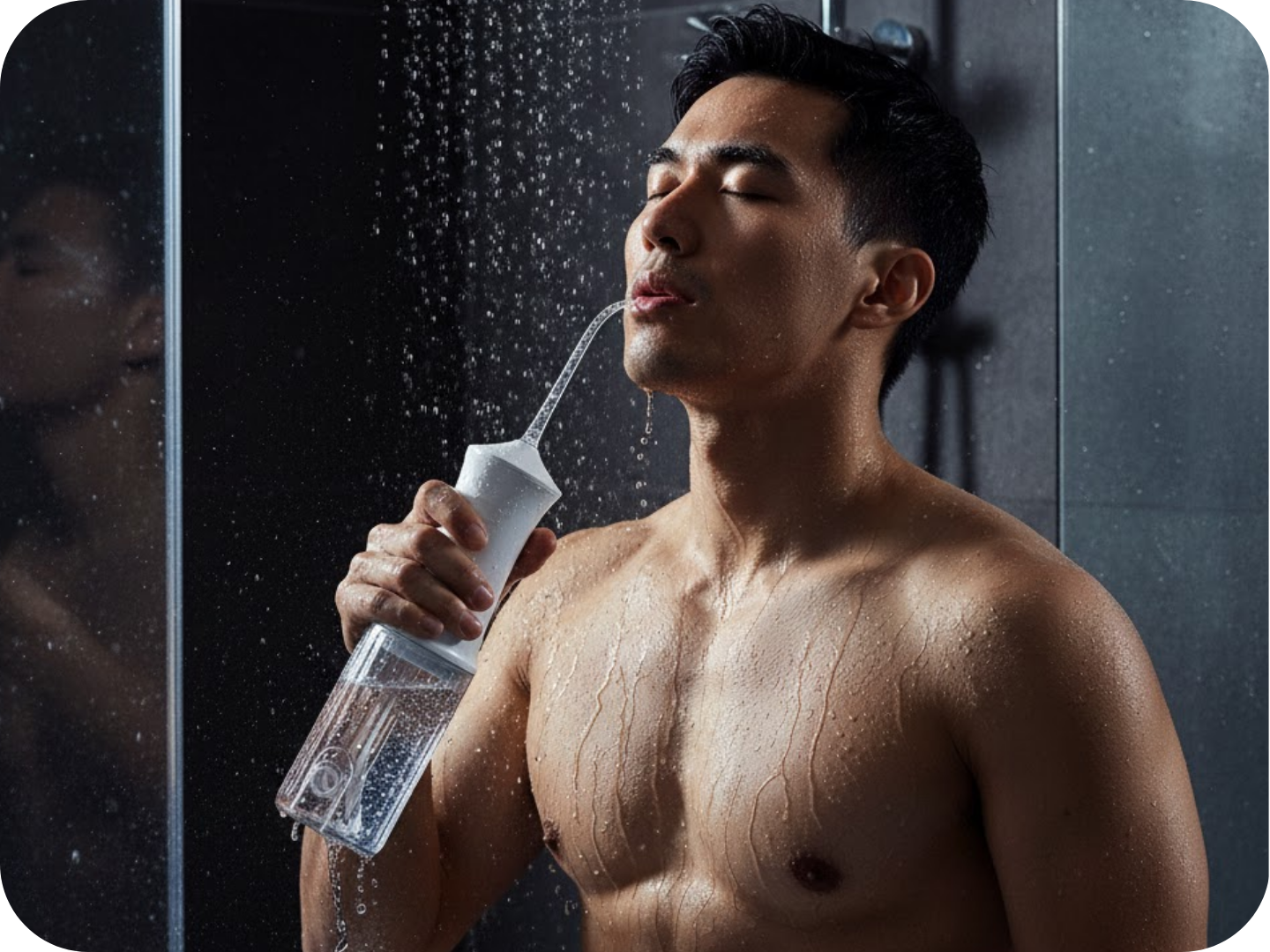 Man using NEATEN Jet+ Oral Water Flosser in a dark background